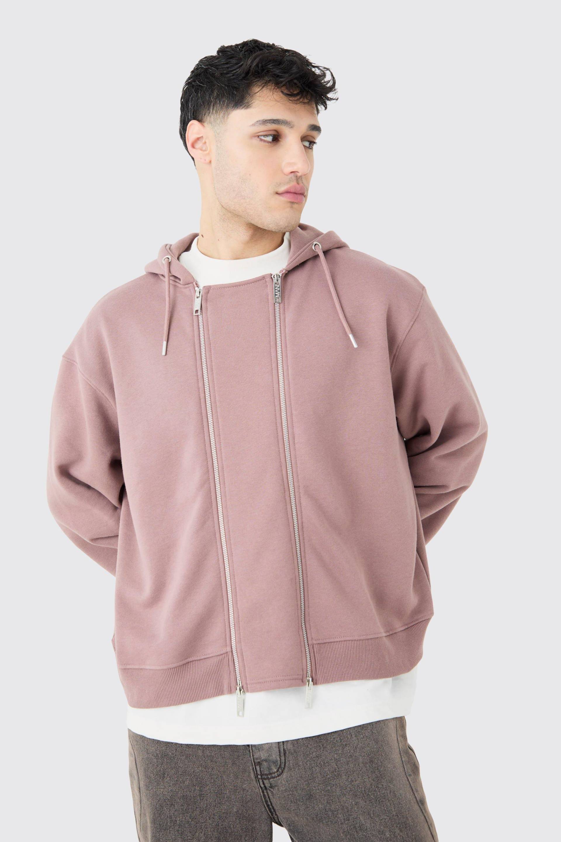 Mens Kastiger Oversize Hoodie mit doppeltem Reißverschluss - Malve - M, Malve von boohooman