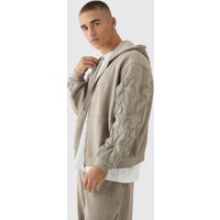 Kastiger Oversize Hoodie mit floralem Print und Reißverschluss - Taupe - XS, Taupe von boohooman