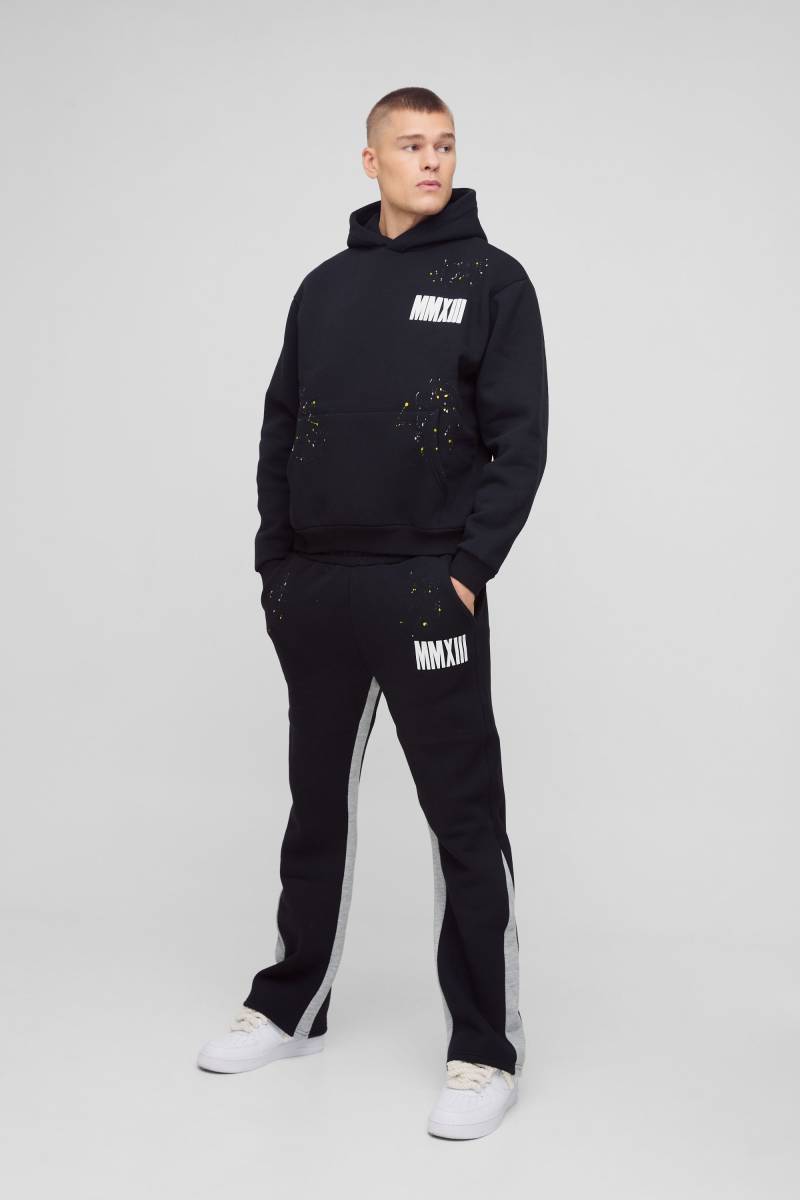 Kastiger Oversize Man Trainingsanzug mit Farbspritzern und Kapuze - Schwarz - XL, Schwarz von boohooman