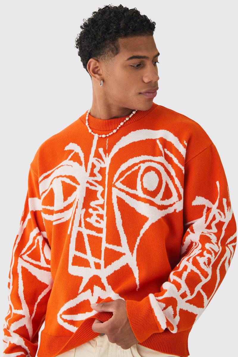 Kastiger Oversize Pullover mit abstraktem Print - Orange - S, Orange von boohooman