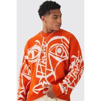 Kastiger Oversize Pullover mit abstraktem Print - Orange - XL, Orange von boohooman