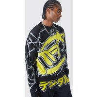 Mens Kastiger Oversize Strickpullover mit Stacheldraht-Print - Schwarz - L, Schwarz von boohooman