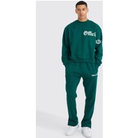 Mens Kastiger Oversize Sweatshirt-Trainingsanzug mit Slogan - Grün - S, Grün von boohooman