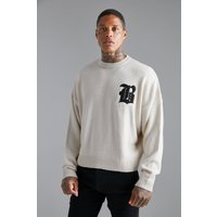 Mens Kastiger gerippter Pullover mit Rissen - Ecru - L, Ecru von boohooman