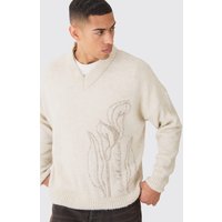 Mens Kastiger strukturierter Bouclee-Pullover mit V-Ausschnitt - Ecru - XL, Ecru von boohooman