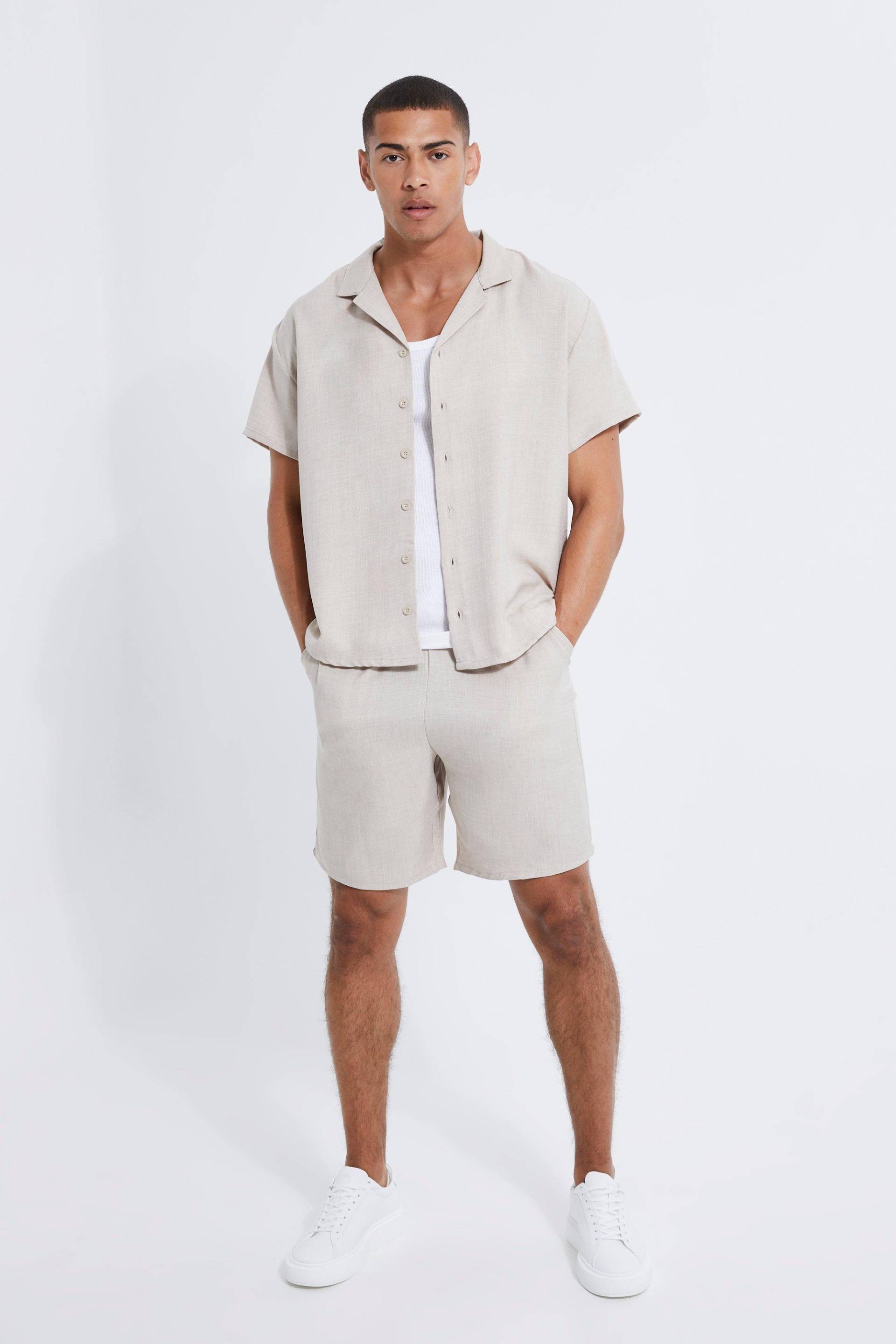 Mens Kastiges Leinen-Hemd und Shorts - natural - S, natural von boohooman