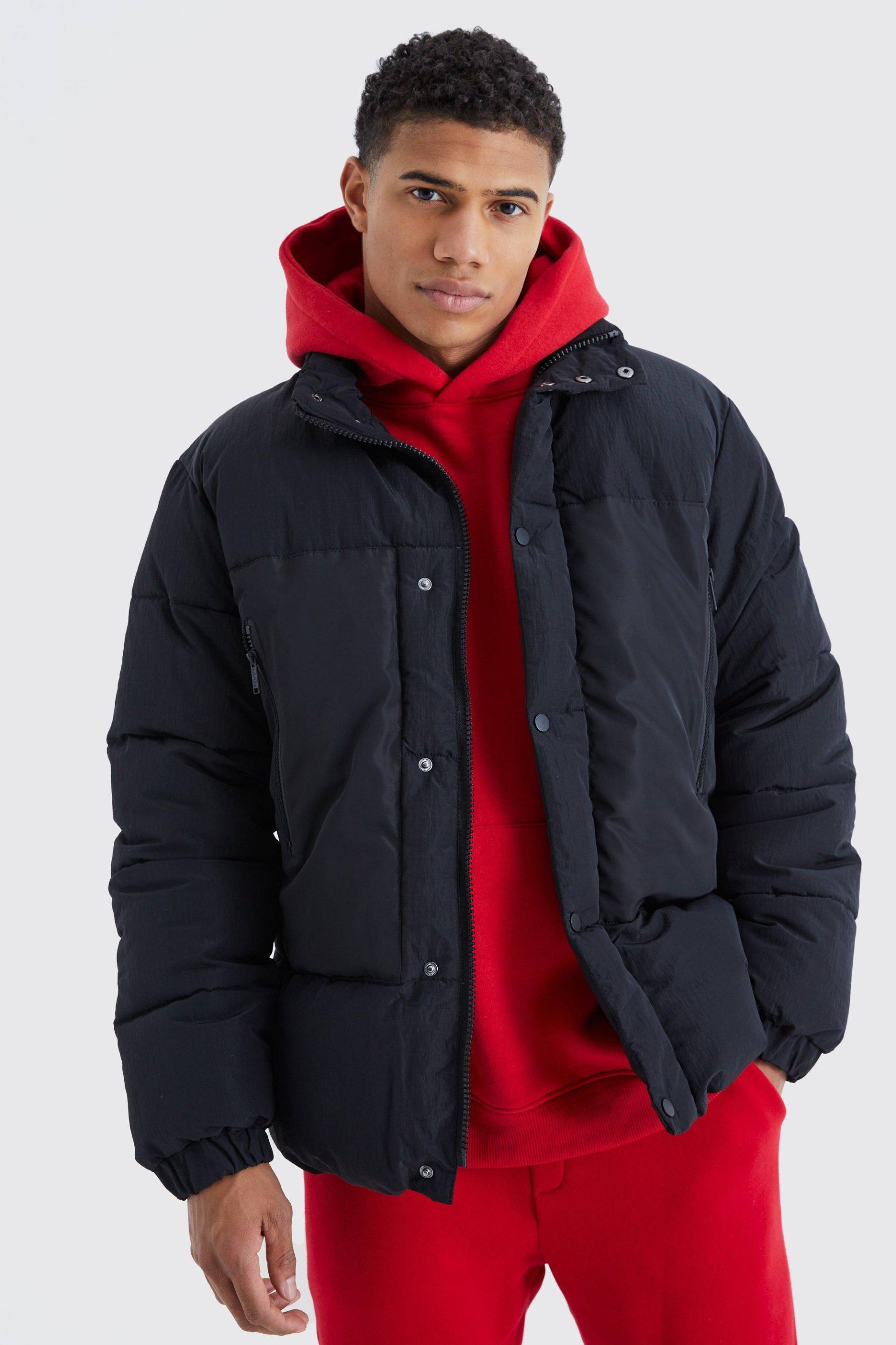 Mens Kontrast Ripstop Steppjacke mit Trichterkragen - Schwarz - S, Schwarz von boohooman