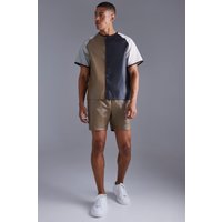 Mens Kragenloses kurzärmliges kastiges PU-Hemd & Shorts - Mehrfarbig - M, Mehrfarbig von boohooman