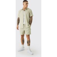 Mens Kurzärmliges Jersey-Hemd & Shorts mit Fischgräten-Print - Grau - L, Grau von boohooman