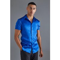 Mens Kurzärmliges Muscle-Fit Hemd aus Satin - Grau - M, Grau von boohooman