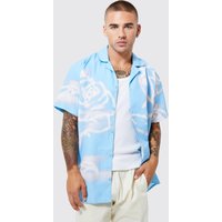 Mens Kurzärmliges Oversize Hemd mit Spray Rose - Blau - M, Blau von boohooman