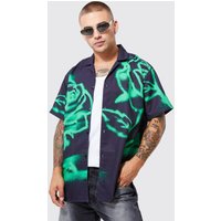 Mens Kurzärmliges Oversize Hemd mit Spray Rose - Schwarz - XL, Schwarz von boohooman