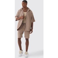 Mens Kurzärmliges Oversize Hemd & Shorts - Braun - L, Braun von boohooman