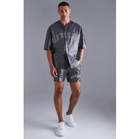 Mens Kurzärmliges Oversize PU Baseball-Hemd & Shorts - Schwarz - L, Schwarz von boohooman