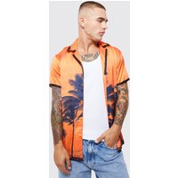 Mens Kurzärmliges Satin-Hemd mit Palmen-Print - Orange - M, Orange von boohooman