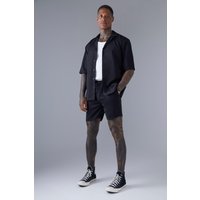 Mens Kurzärmliges Satin-Hemd & Shorts - Schwarz - L, Schwarz von boohooman