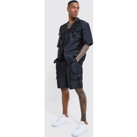 Mens Kurzärmliges Utility-Hemd & Cargo-Shorts - Schwarz - XS, Schwarz von boohooman