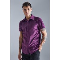 Mens Kurzärmliges Velour-Hemd - Lila - L, Lila von boohooman