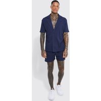 Mens Kurzärmliges Wickel-Hemd & Shorts in Waffeloptik - Blau - M, Blau von boohooman