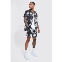 Mens Kurzärmliges florales Hemd und Shorts - Schwarz - XL, Schwarz von boohooman