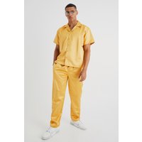 Mens Kurzärmliges kastiges Satin-Hemd & Hose - Gelb - M, Gelb von boohooman