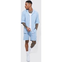 Mens Kurzärmliges strukturiertes Strick-Hemd und Shorts - Blau - L, Blau von boohooman