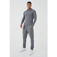 Mens Langärmliges Muscle-Fit Jacquard-Poloshirt & Jogginghose - Grau - M, Grau von boohooman