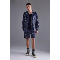 Mens Langärmligs Satin Shorts-Set mit Print - Schwarz - M, Schwarz von boohooman