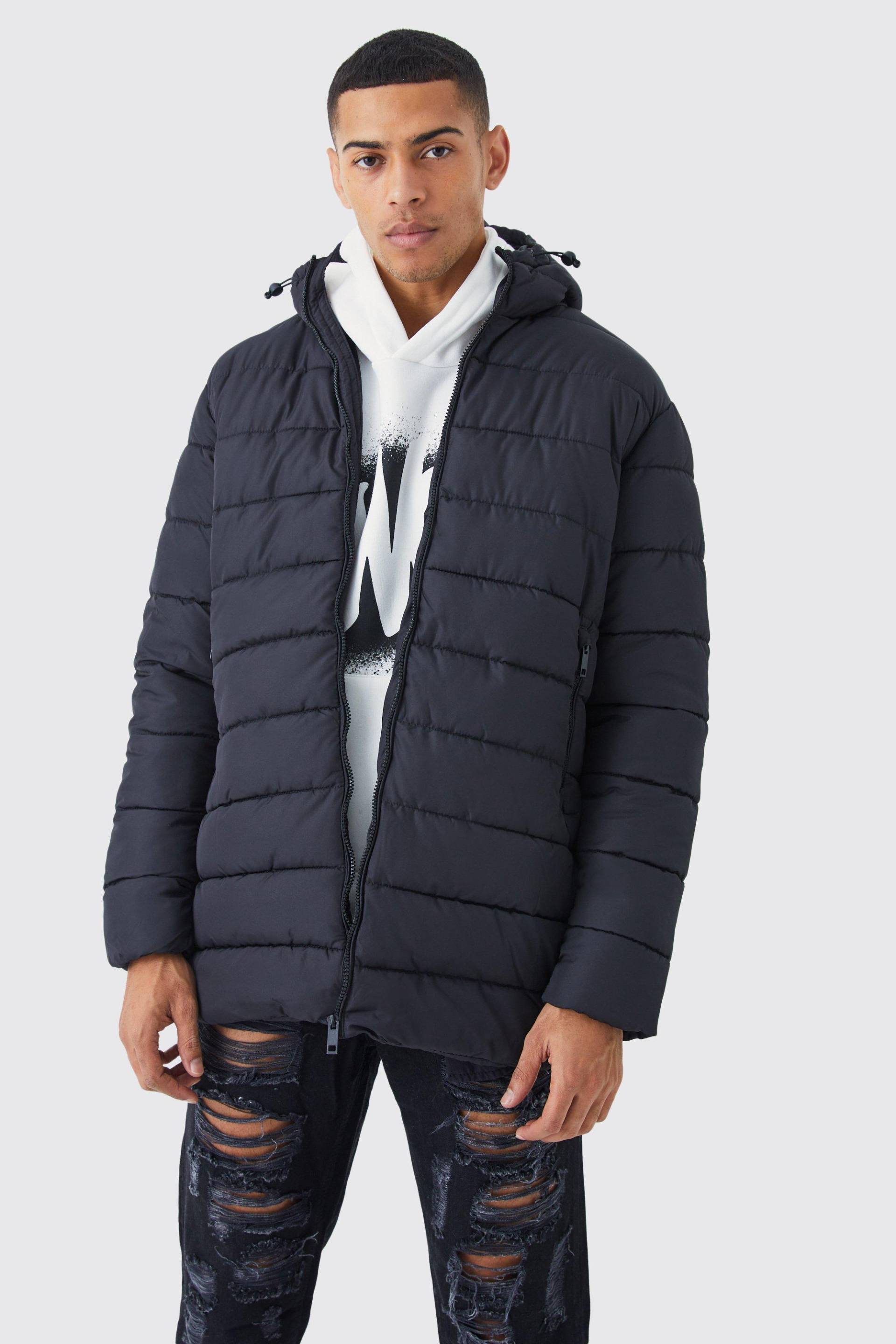 Mens Lange Steppjacke mit Kapuze - Schwarz - S, Schwarz von boohooman