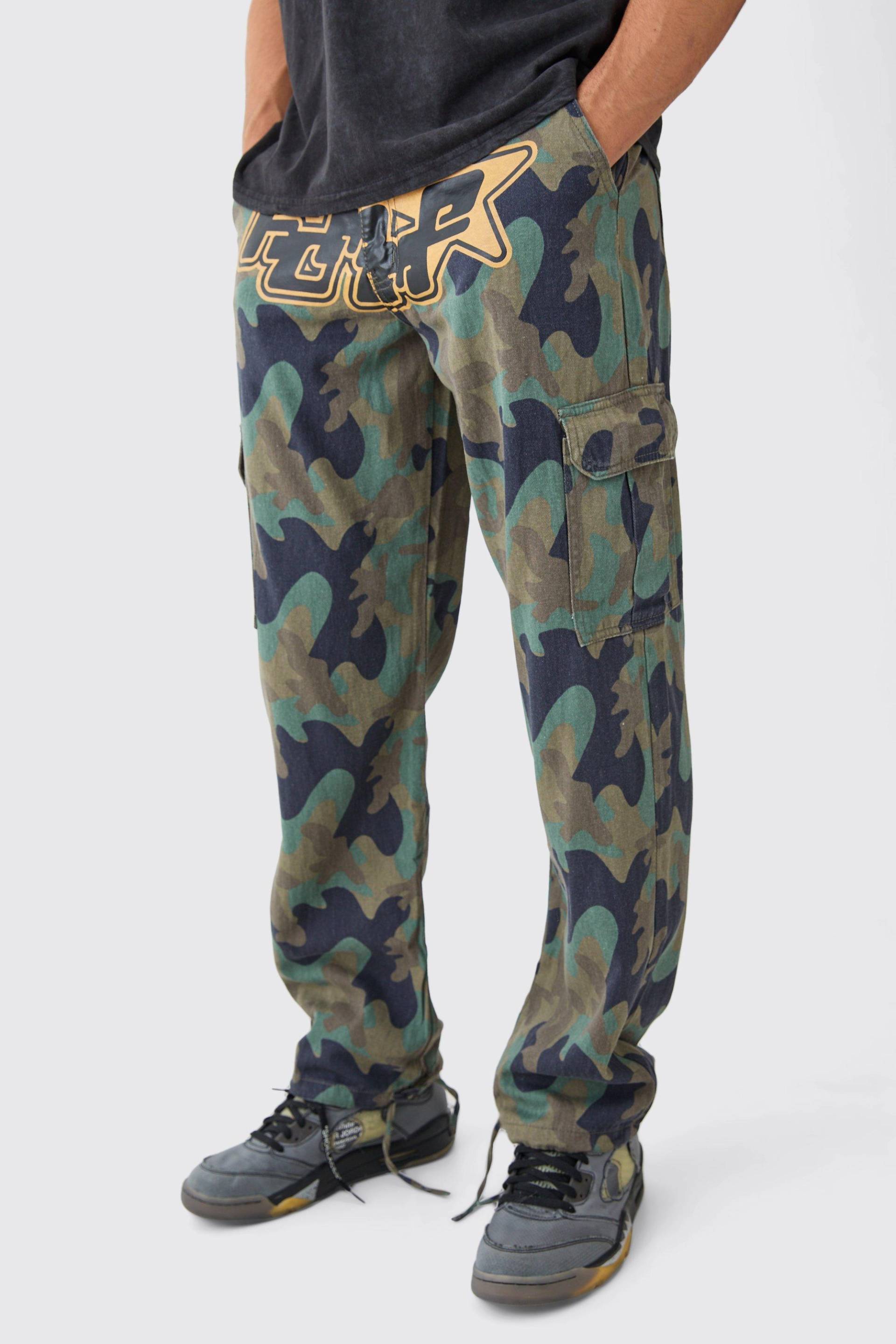 Mens Lockere Camouflage Cargo-Hose mit Print - Khaki - 34, Khaki von boohooman