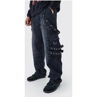 Mens Lockere Cargo-Jeans in gewaschenem Schwarz - 28R, Schwarz von boohooman