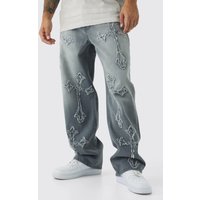 Lockere Jeans mit Kreuz-Applikation - Grau - 32R, Grau von boohooman