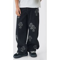 Lockere Jeans mit Leopardenprint Kreuz-Applikation - Schwarz - 36R, Schwarz von boohooman