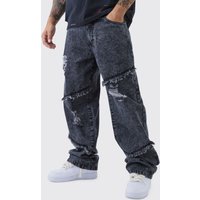 Lockere ausgefranste Jeans mit Acid-Waschung - Schwarz - 32R, Schwarz von boohooman