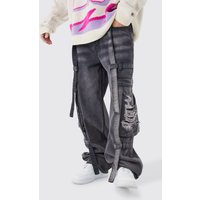 Mens Lockere zerrissene Cargo-Jeans mit Riemchen-Detail - Lila - 30R, Lila von boohooman