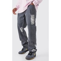 Mens Lockere zerrissene Jeans mit Laser-Text - Grau - 28R, Grau von boohooman