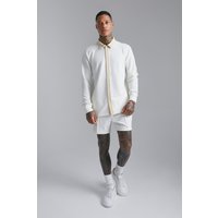 Mens Langärmliges strukturiertes Jersey-Hemd und Shorts - Ecru - M, Ecru von boohooman