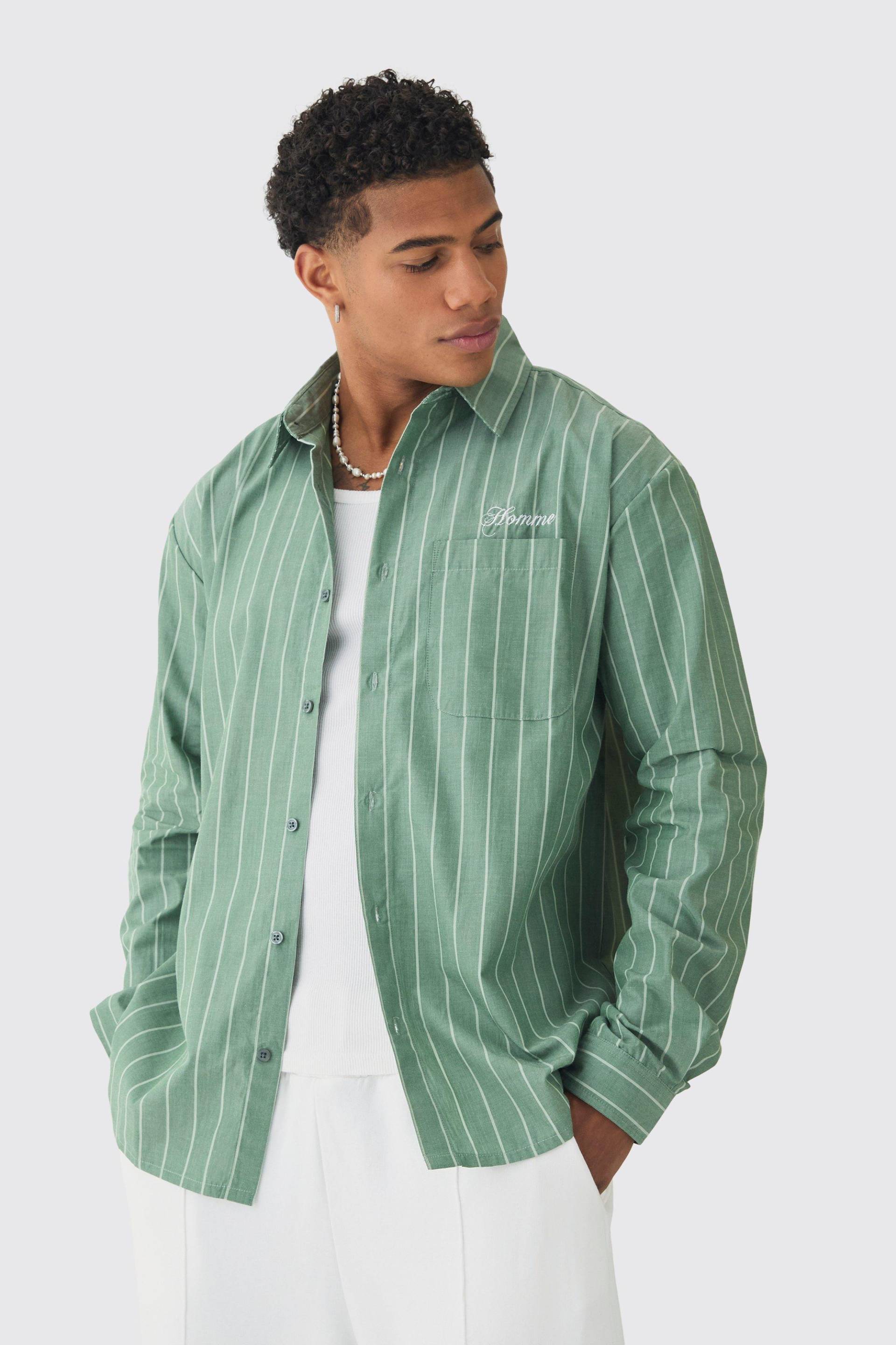 Mens Long Sleeve Oversized Embroidered Stripe Shirt - Grün - XS, Grün von boohooman