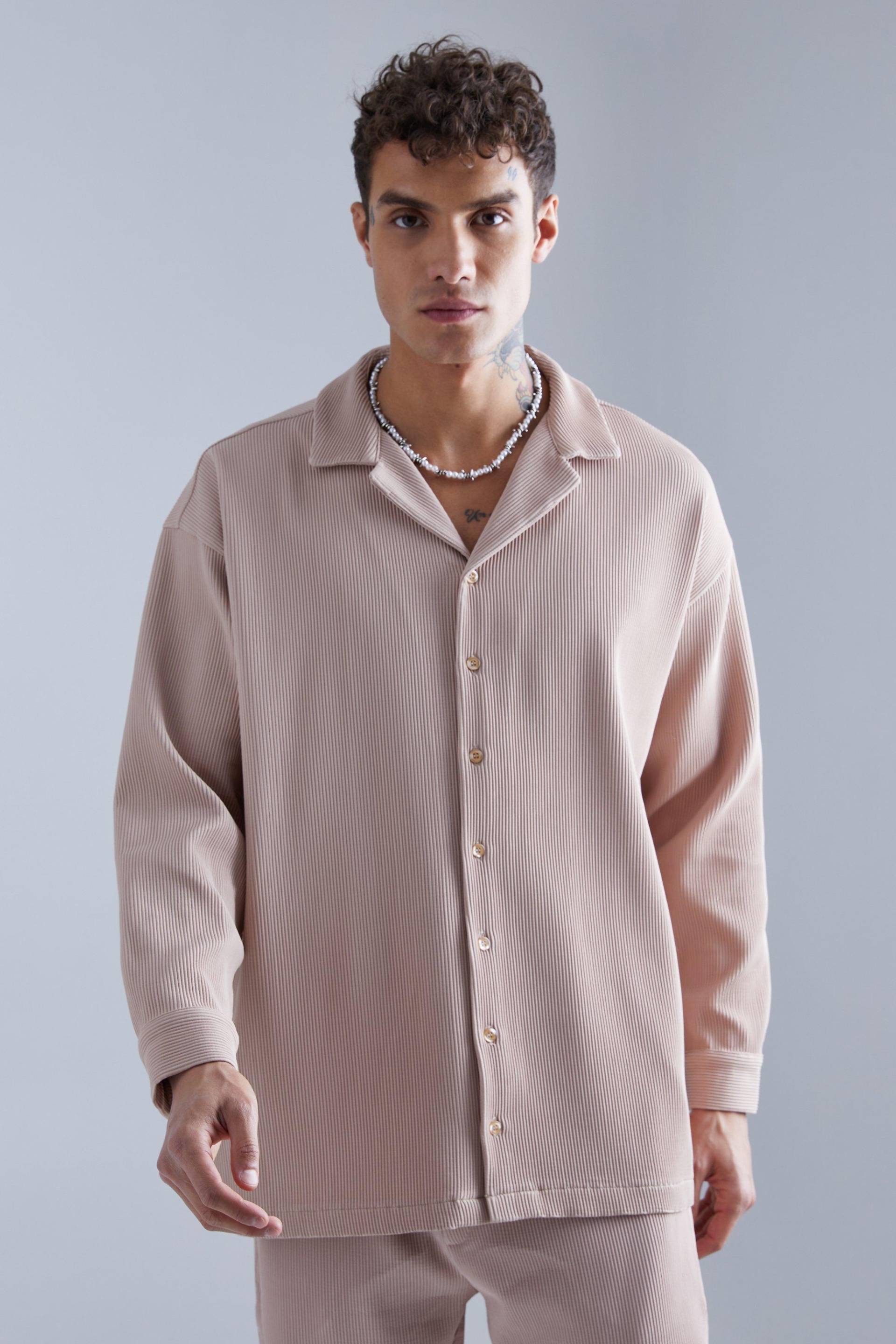 Mens Langärmliges Oversize Hemd - Taupe - XS, Taupe von boohooman