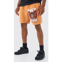 Mens Lockere Jersey-Shorts mit floralem Totenkopf-Print - Orange - M, Orange von boohooman