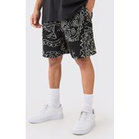 Mens Loose Mid Length Bandana Borg Shorts - Schwarz - S, Schwarz von boohooman