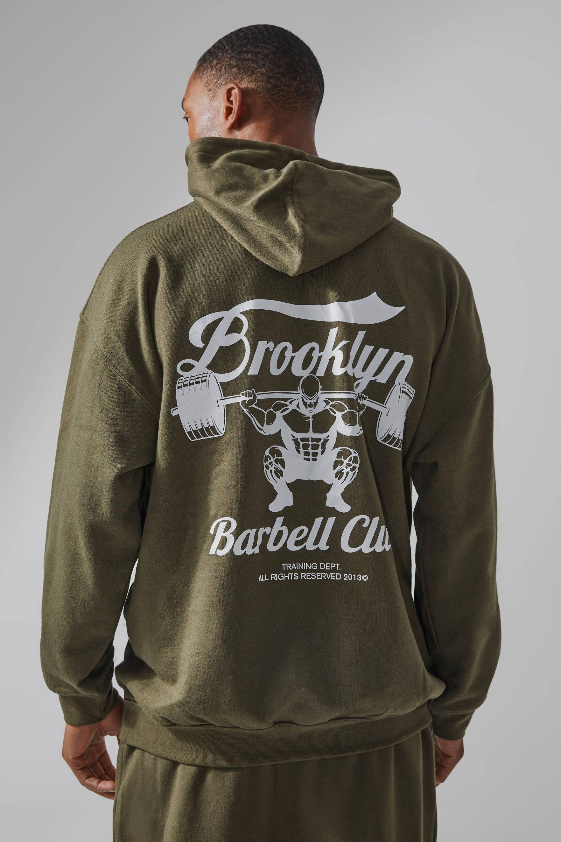 Mens Man Active Hoodie mit Brooklyn Barbell Club Print - Khaki - S, Khaki von boohooman