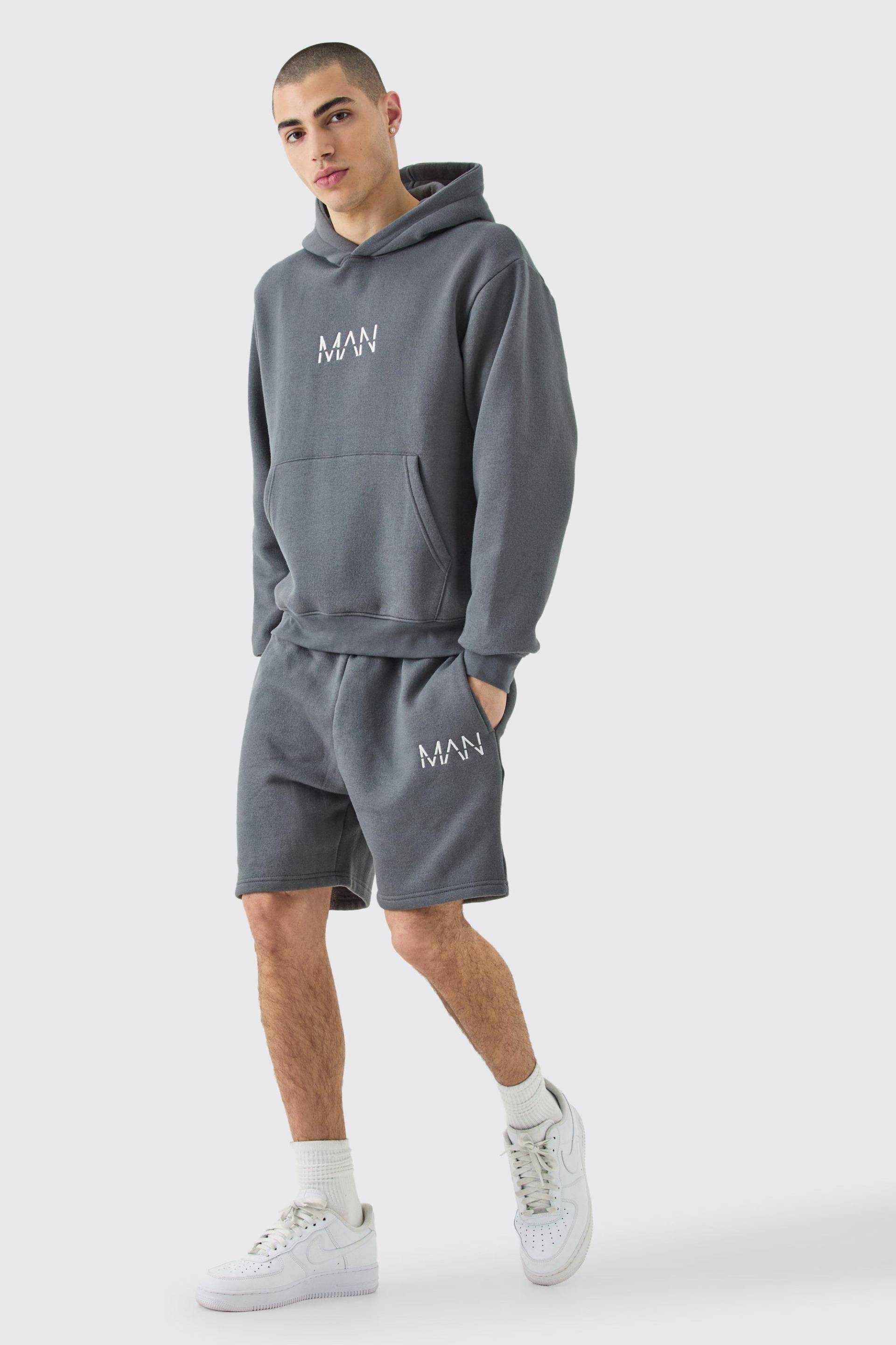 Mens Man Boxy Hoodie Short Tracksuit - Grau - L, Grau von boohooman