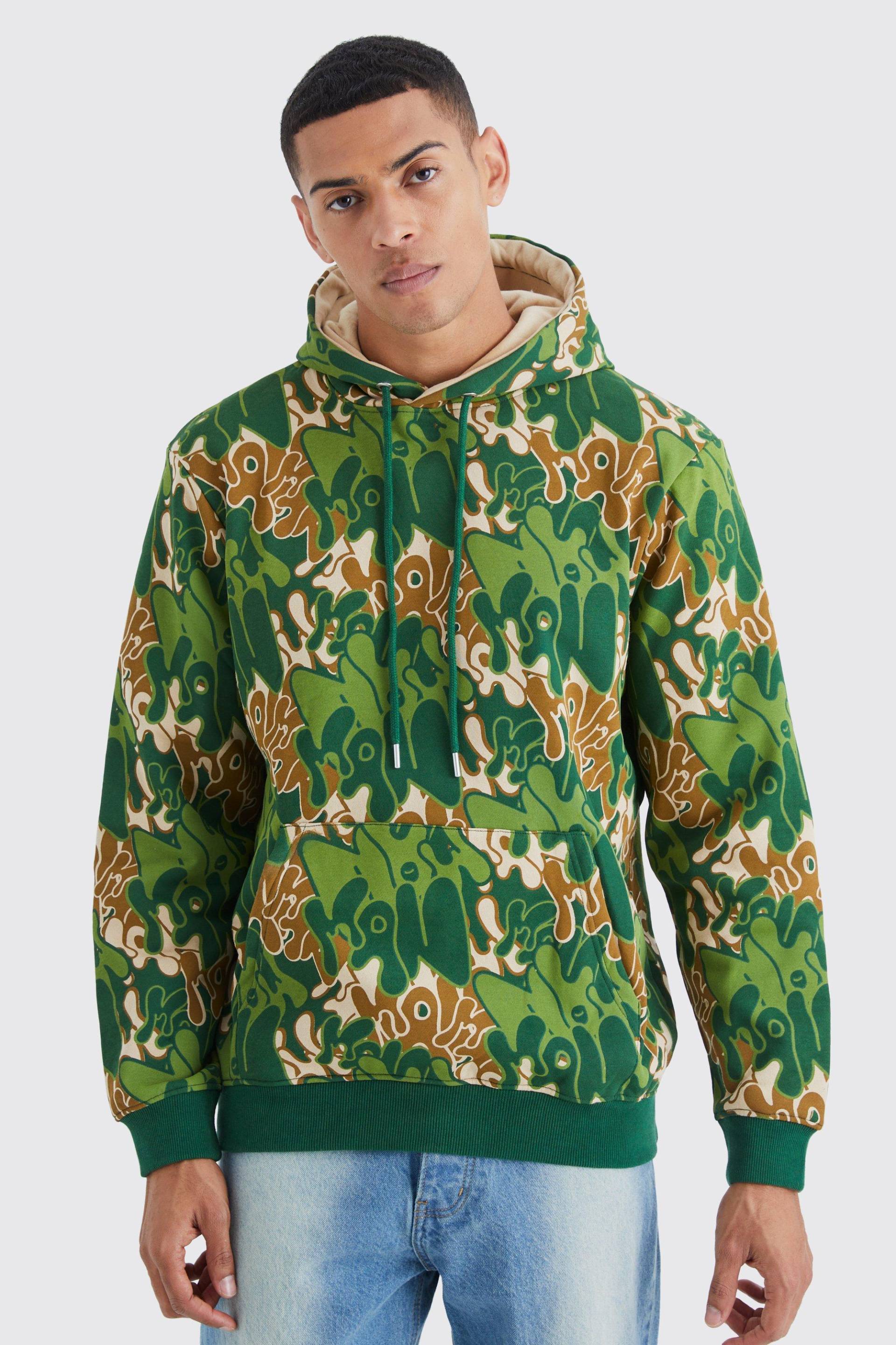 Mens Man Camouflage Hoodie mit Print - Grün - M, Grün von boohooman