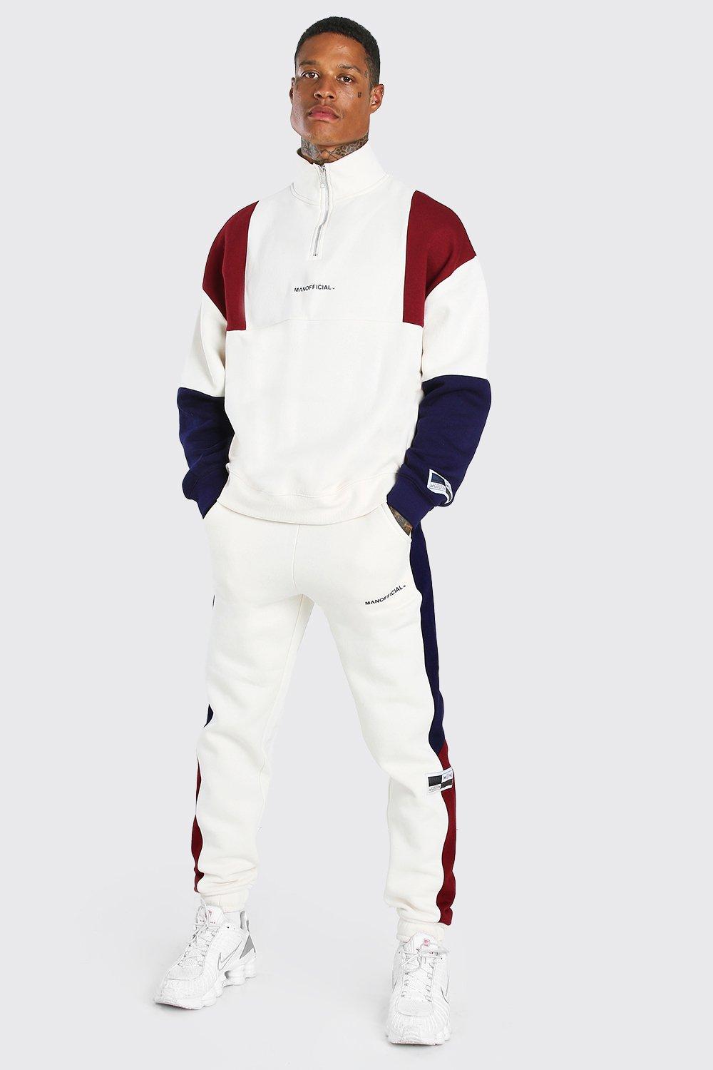 Mens Man Official Colour Block Half Zip Tracksuit - Ecru - L, Ecru von boohooman