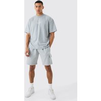 Mens Man Oversized Extended Neck T-shirt And Cargo Short Set - Grau - XL, Grau von boohooman