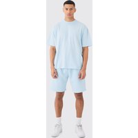 Mens Man Oversized Extended Neck T-shirt And Relaxed Short Set - Blau - L, Blau von boohooman