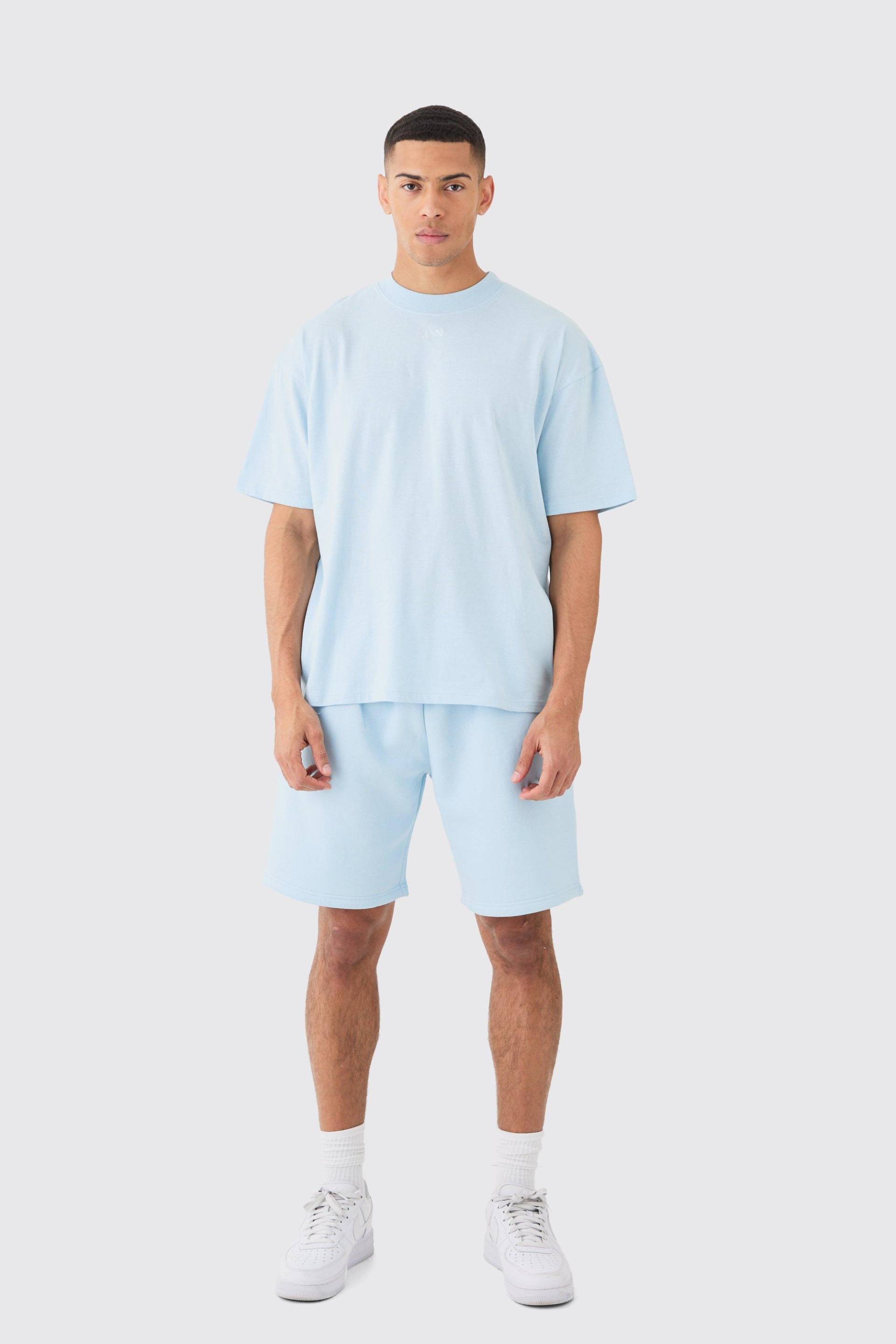 Mens Man Oversized Extended Neck T-shirt And Relaxed Short Set - Blau - XS, Blau von boohooman