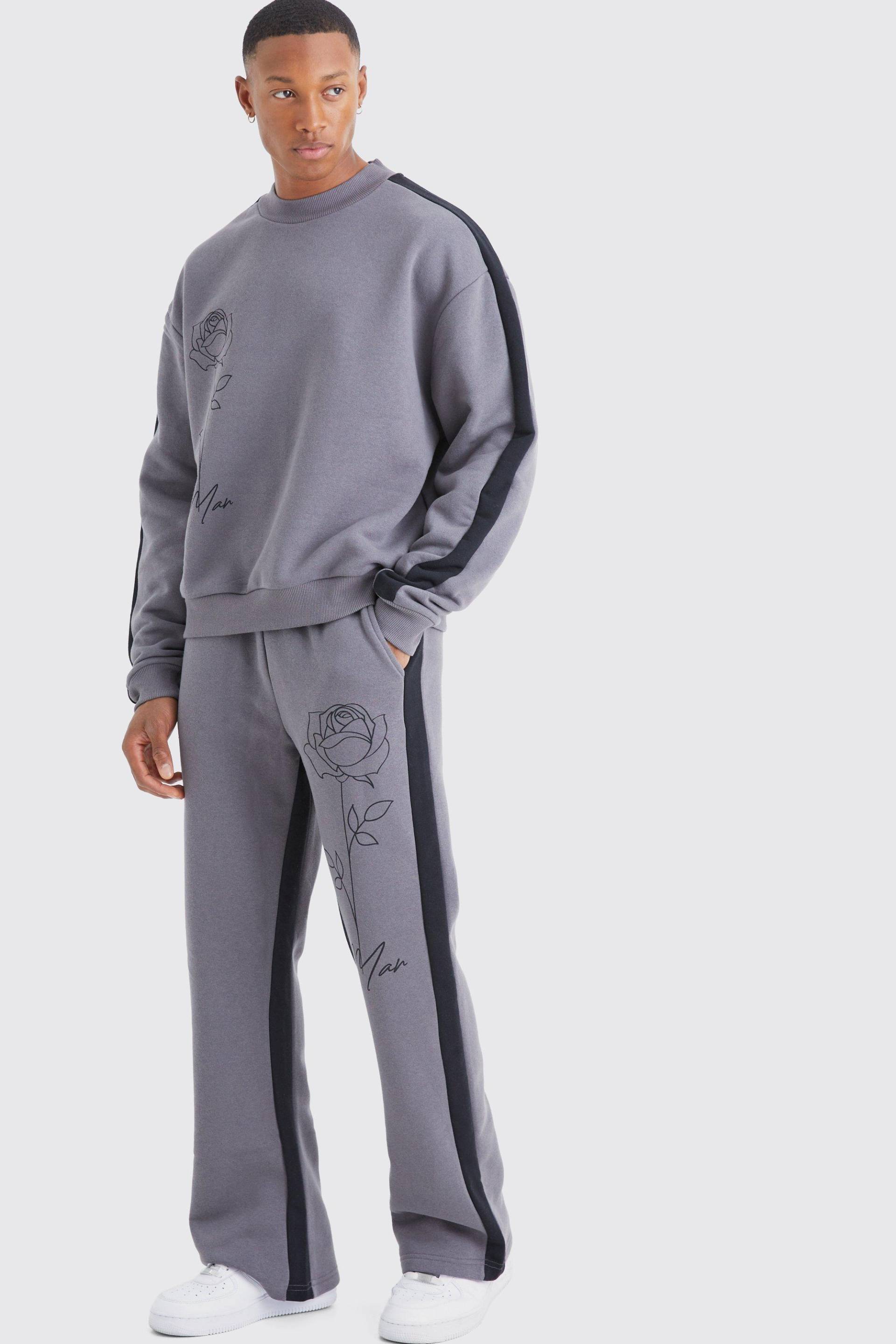 Mens Sweatshirt-Trainingsanzug mit Man Rosen-Print - Grau - M, Grau von boohooman