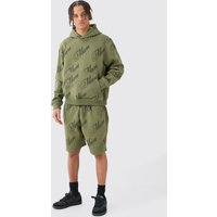 Mens Man Script All Over Print Boxy Hooded Short Tracksuit - Grün - M, Grün von boohooman